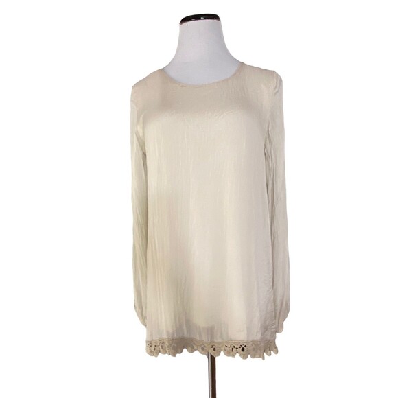 Carla Conti Womens Italian Silk Lace Trim Blouse Size L Beige Boho Romantic Chic - Picture 1 of 12
